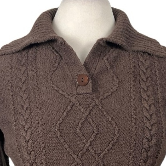 Talbots Petites Johnny Polo Collar Cotton Cable Knit Sweater Chocolate Brown M - Picture 2 of 6